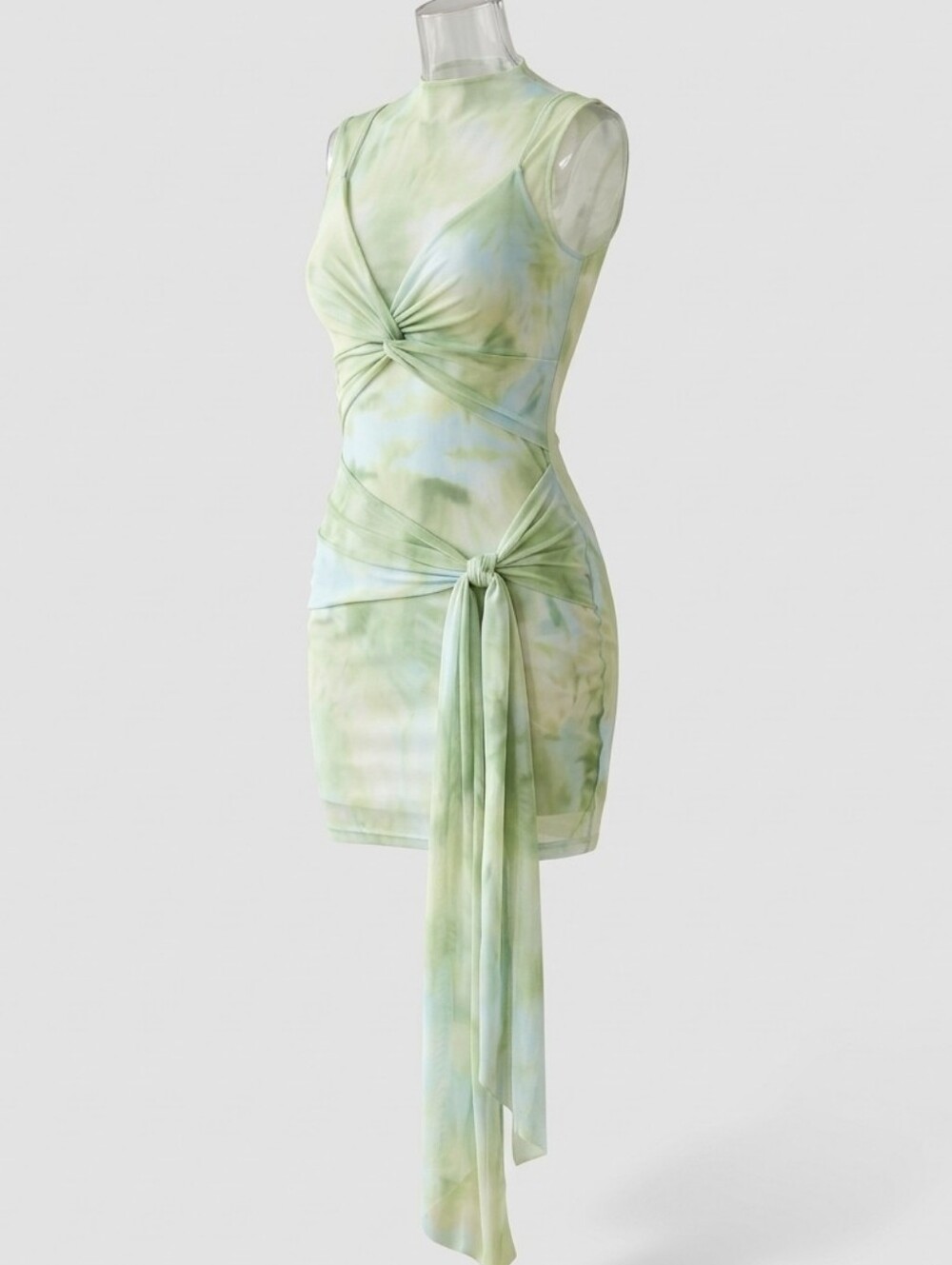Pale Green & Blue Tie-Dye Mesh Mini Dress w Wrap Ties Size XL Y2k Fairycore